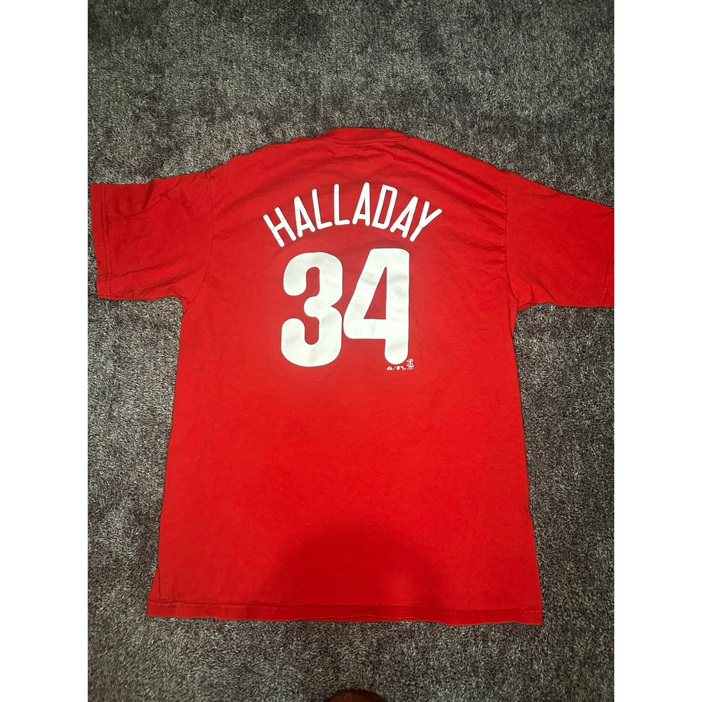 Roy Halladay #34 Philadelphia Phillies Majestic T Shirt Mens L MLB Baseball Red